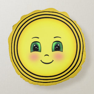 Cute Radiant Sun Happy Face Emoji Rond Kussen