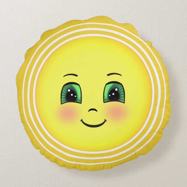 Cute Radiant Sun Happy Face Emoji Rond Kussen (Achterkant)