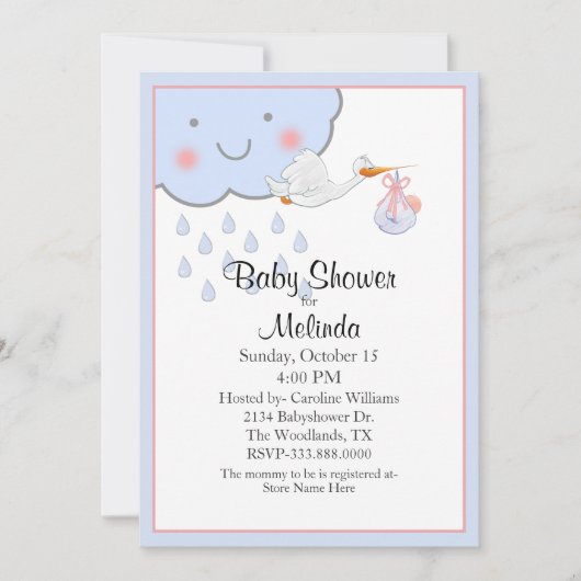 Cute Rain Cloud en Stork Baby shower Kaart (Voorkant)