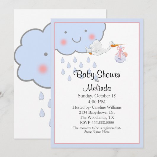 Cute Rain Cloud en Stork Baby shower Kaart (Voorkant / Achterkant)