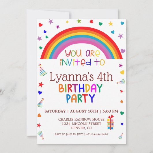 Cute Rainbow 4th Birthday Party Invitation (Voorkant)