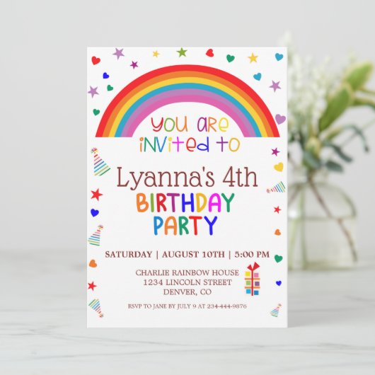 Cute Rainbow 4th Birthday Party Invitation (Staand voorkant)