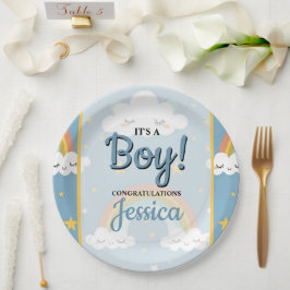 Cute Rainbow and Sleeping Cloud Baby Shower Papieren Bordje
