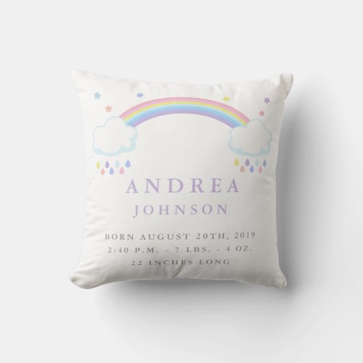 Cute Rainbow Birth Announcement Nursery Pillow Kussen (Voorkant)