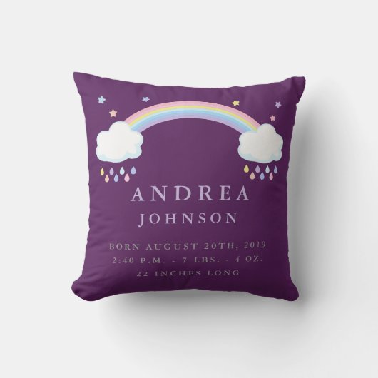 Cute Rainbow Birth Announcement Nursery Pillow Kussen (Voorkant)