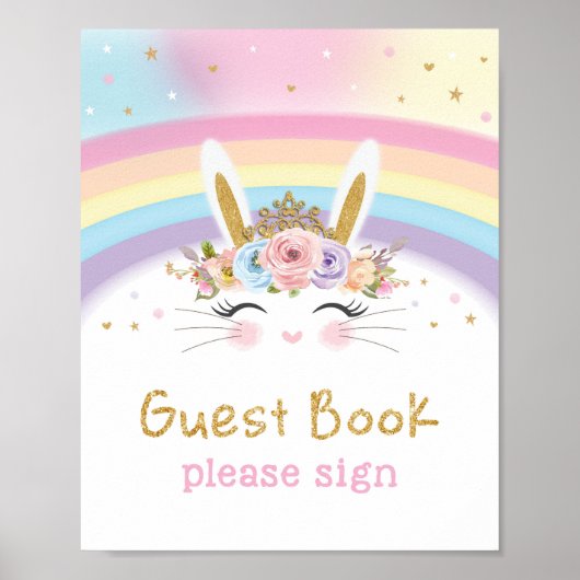 Cute Rainbow Bunny 1st Birthday Guest Book Sign Poster (Voorkant)