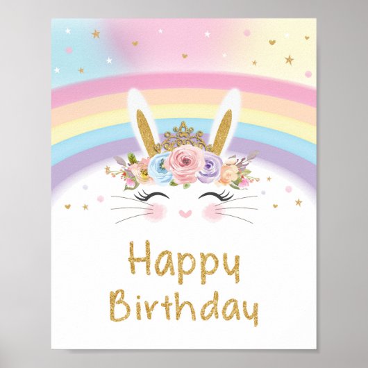 Cute Rainbow Bunny Happy Birthday Sign Poster (Voorkant)