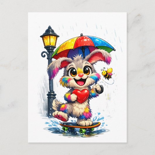 Cute Rainbow Bunny with Umbrella Design Briefkaart (Voorkant)