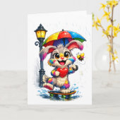 Cute Rainbow Bunny with Umbrella Design Kaart (Gele Bloem)