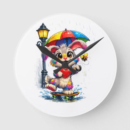 Cute Rainbow Bunny with Umbrella Design Ronde Klok (Voorkant)