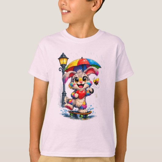 Cute Rainbow Bunny with Umbrella Design T-shirt (Voorkant)