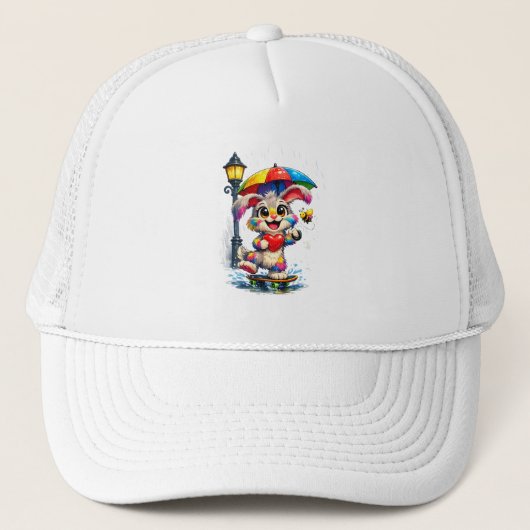 Cute Rainbow Bunny with Umbrella Design Trucker Pet (Voorkant)