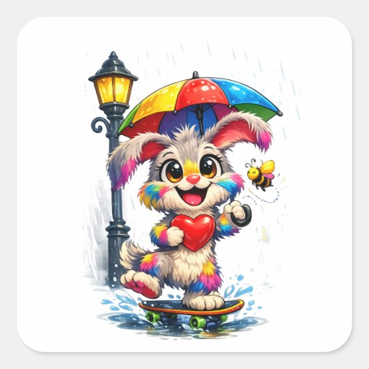 Cute Rainbow Bunny with Umbrella Design Vierkante Sticker (Voorkant)