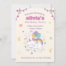 Cute Rainbow Cat Unicorn Birthday Invitation  Kaart