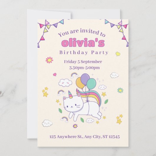 Cute Rainbow Cat Unicorn Birthday Invitation  Kaart (Voorkant)