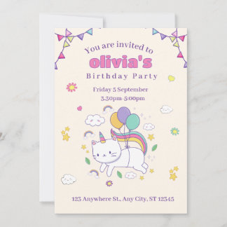 Cute Rainbow Cat Unicorn Birthday Invitation  Kaart