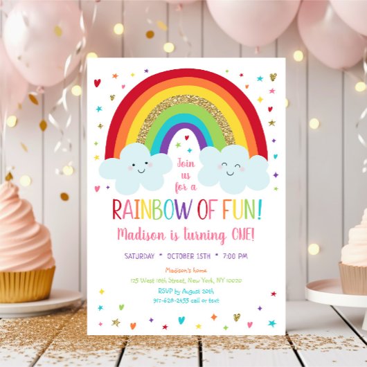 Cute Rainbow Clouds First Birthday Kaart