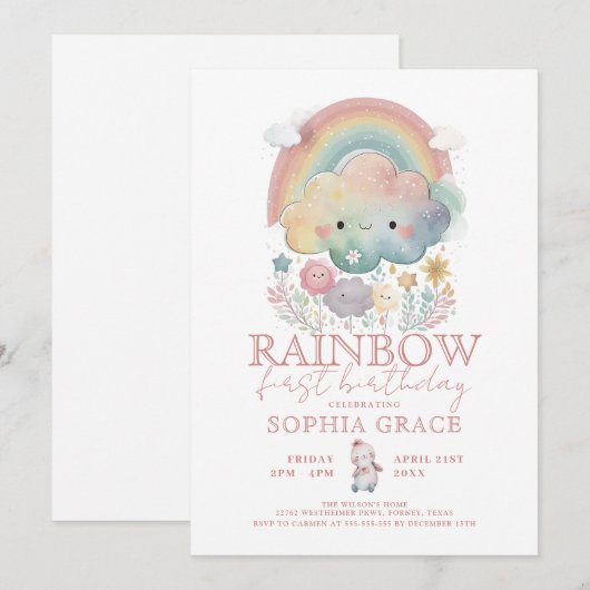 Cute Rainbow Clouds & Flowers Girl Birthday Kaart (Voorkant / Achterkant)