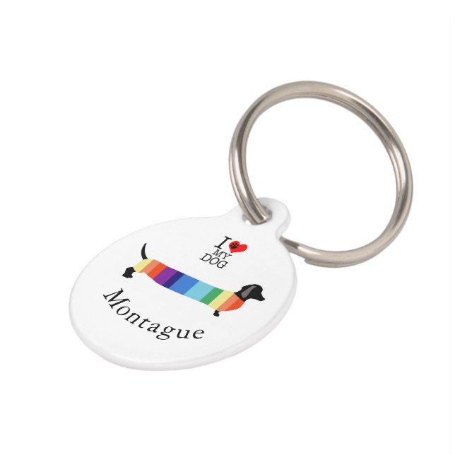 Cute Rainbow Dachshund Monogram Ik hou van mijn ho Huisdierpenning (Zijkant)