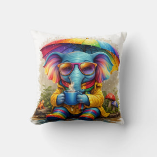 Cute Rainbow Elephant Under Umbrella Cozy Rain Aes Kussen
