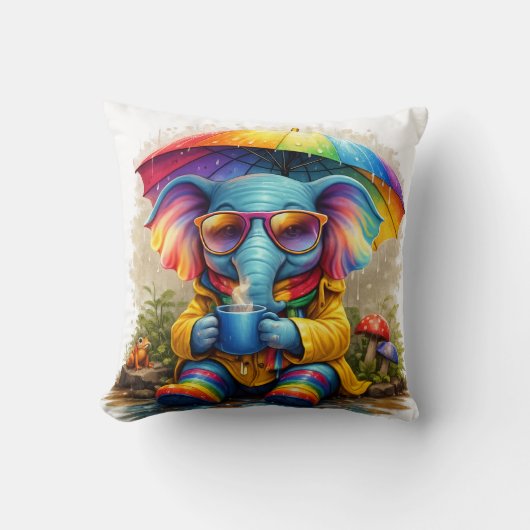 Cute Rainbow Elephant Under Umbrella Cozy Rain Aes Kussen (Voorkant)