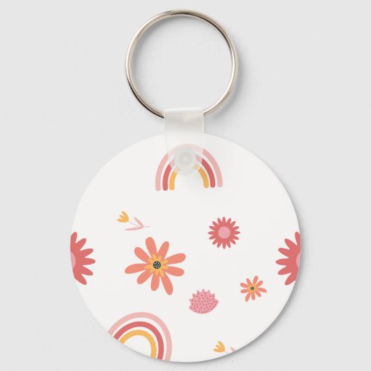 Cute Rainbow & Floral Pastel Pattern Sleutelhanger (Voorkant)