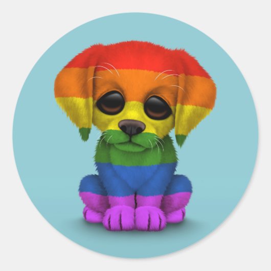 Cute Rainbow Gay Pride Puppy Dog, blauw Ronde Sticker (Voorkant)