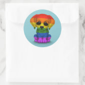 Cute Rainbow Gay Pride Puppy Dog, blauw Ronde Sticker (Tas)
