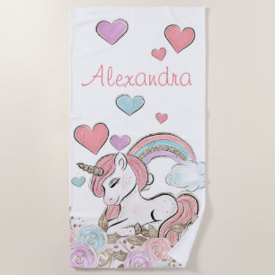 Cute Rainbow Glitter Unicorn met aangepaste naam Strandlaken