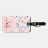 Cute Rainbow Heart Script Monogram Boho Pink Bagagelabel (Voorkant horizontaal)