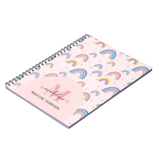Cute Rainbow Heart Script Monogram Boho Pink Notitieboek (Linkerzijde)