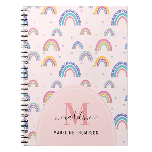 Cute Rainbow Heart Script Monogram Boho Pink Notitieboek (Voorkant)