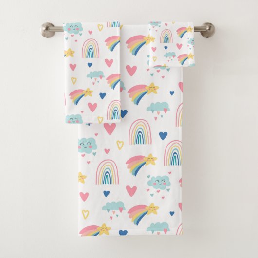 Cute Rainbow Hearts & Clouds Pattern Bad Handdoek (Insitu)