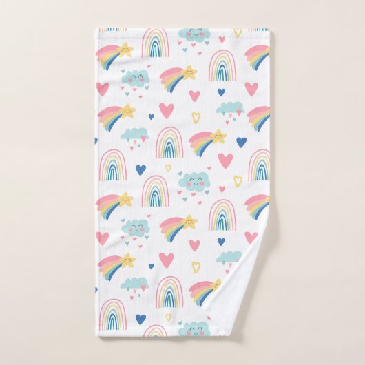 Cute Rainbow Hearts & Clouds Pattern Bad Handdoek (Handdoek)
