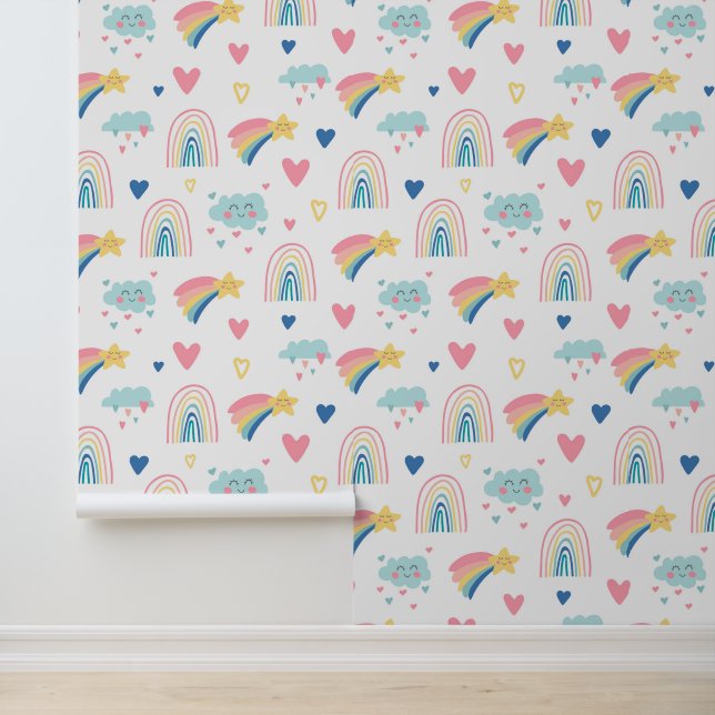 Cute Rainbow Hearts & Clouds Pattern Behang (Applicatie)