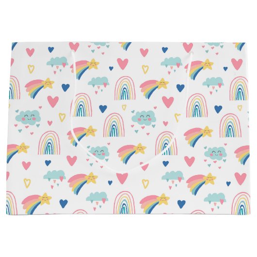 Cute Rainbow Hearts & Clouds Pattern Groot Cadeauzakje (Voorkant)