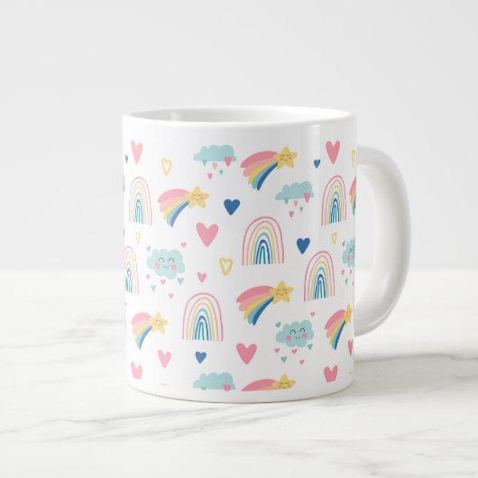 Cute Rainbow Hearts & Clouds Pattern Grote Koffiekop (Voorkant rechts)