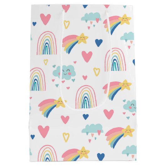 Cute Rainbow Hearts & Clouds Pattern Medium Cadeauzakje (Achterkant)