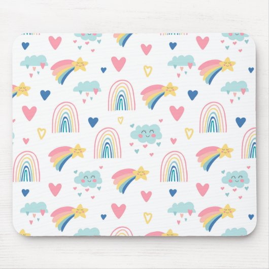 Cute Rainbow Hearts & Clouds Pattern Muismat (Voorkant)