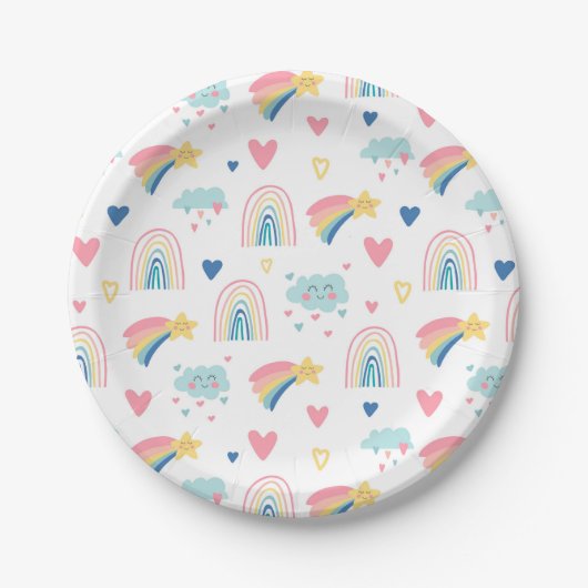 Cute Rainbow Hearts & Clouds Pattern Papieren Bordje (Voorkant)