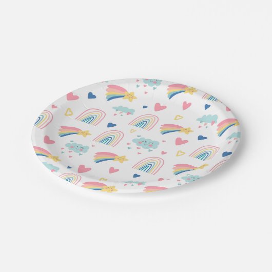 Cute Rainbow Hearts & Clouds Pattern Papieren Bordje (Gekanteld)