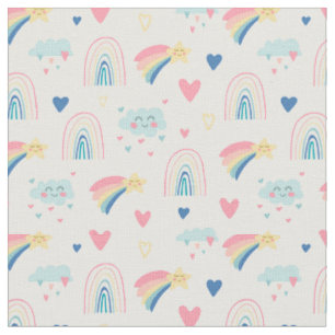Cute Rainbow Hearts & Clouds Pattern Stof