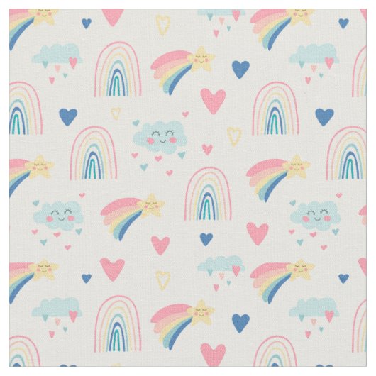 Cute Rainbow Hearts & Clouds Pattern Stof (Close Up)