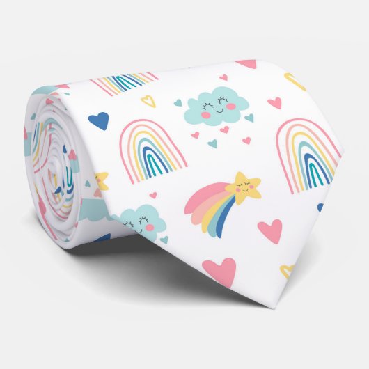 Cute Rainbow Hearts & Clouds Pattern Stropdas (Opgerold)
