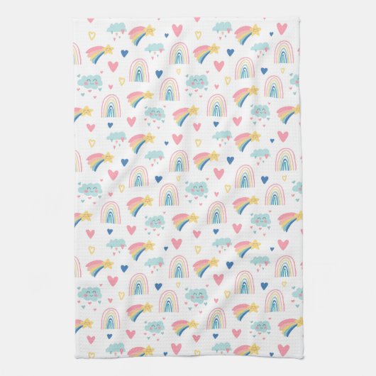 Cute Rainbow Hearts & Clouds Pattern Theedoek (Verticaal)