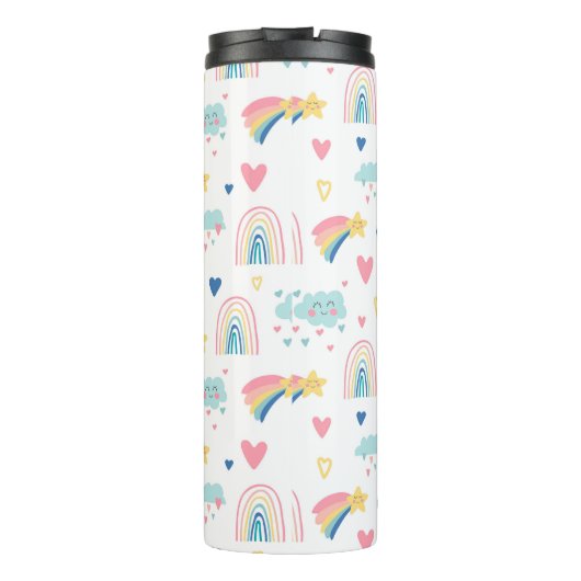 Cute Rainbow Hearts & Clouds Pattern Thermosbeker (Achterkant)