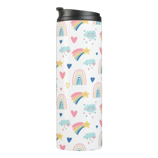 Cute Rainbow Hearts & Clouds Pattern Thermosbeker (Geroteerd rechts)