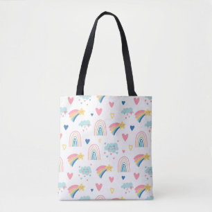 Cute Rainbow Hearts & Clouds Pattern Tote Bag