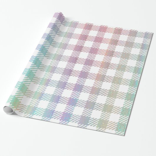 Cute Rainbow Iridescent Gingham Pattern Cadeaupapier (Uitgerold)