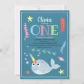 Cute Rainbow Narwhal Ocean and Name 1st Birthday Kaart (Voorkant)